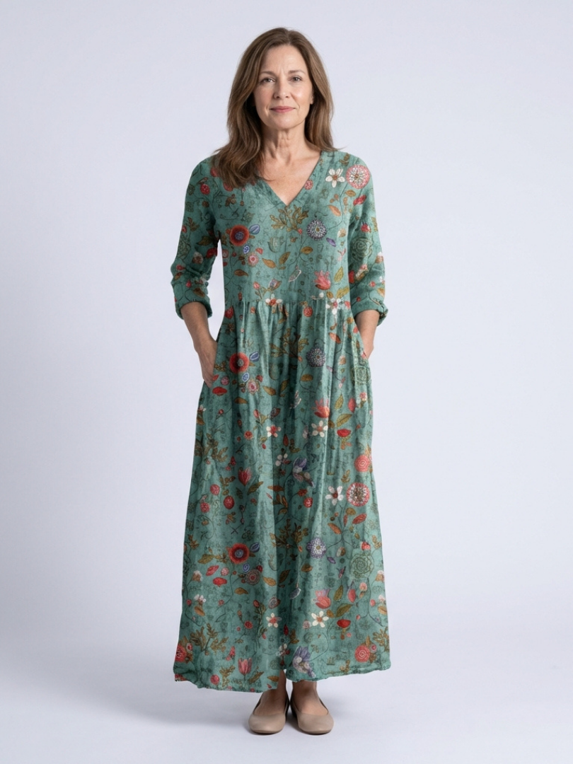 maxi dress with three quarter sleeves Linen Three Quarter Sleeve Maxi Shirt Dress Hollyhock