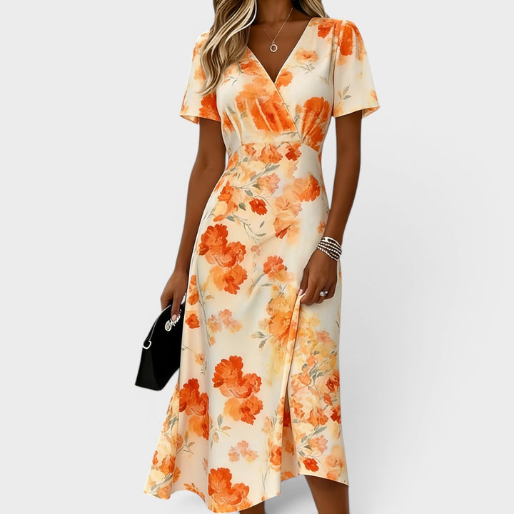 Clementine | Elegant Orange Floral Midi Dress