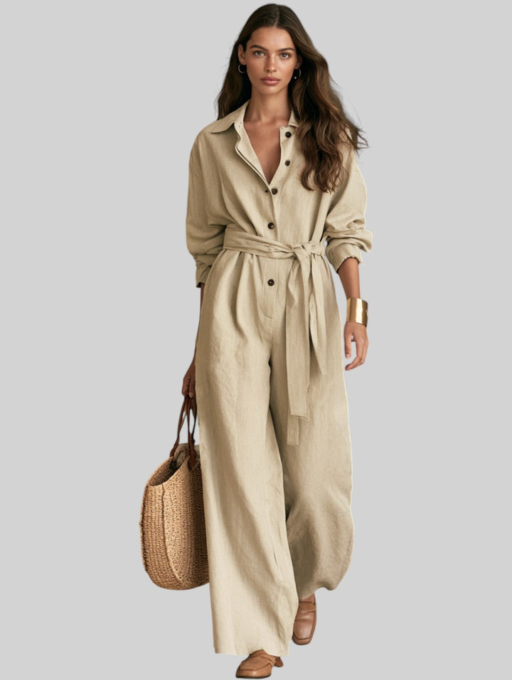 Naomi Khaki Cotton-Linen Jumpsuit - styled