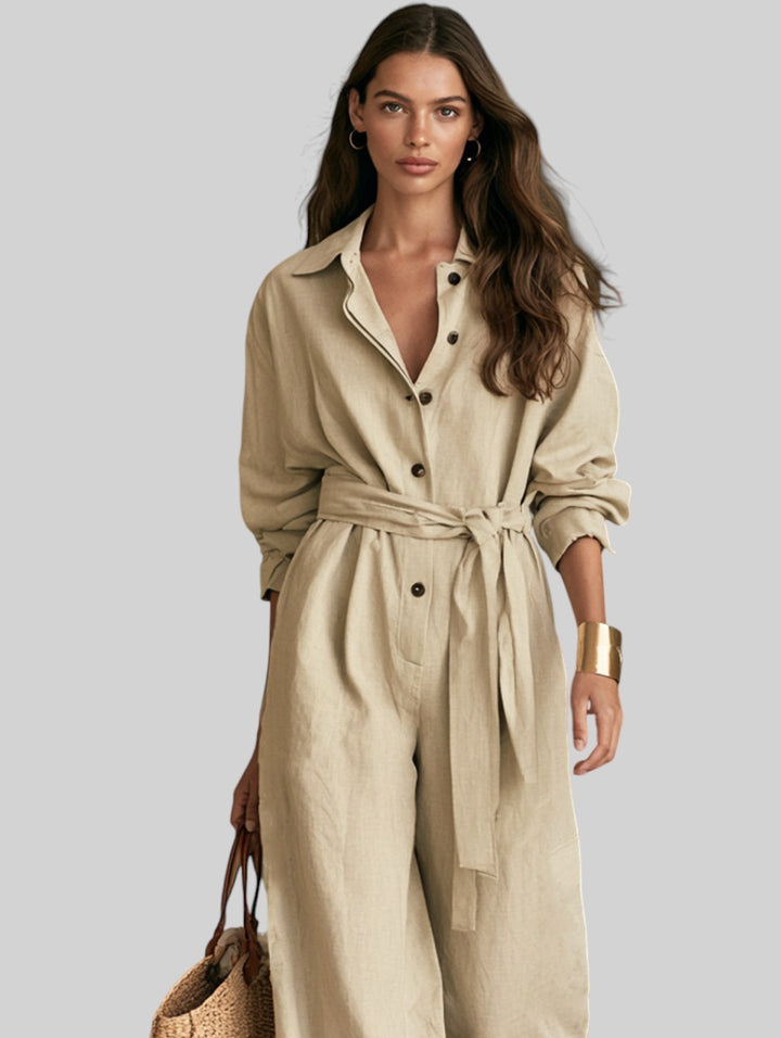 Naomi Khaki Cotton-Linen Jumpsuit - side