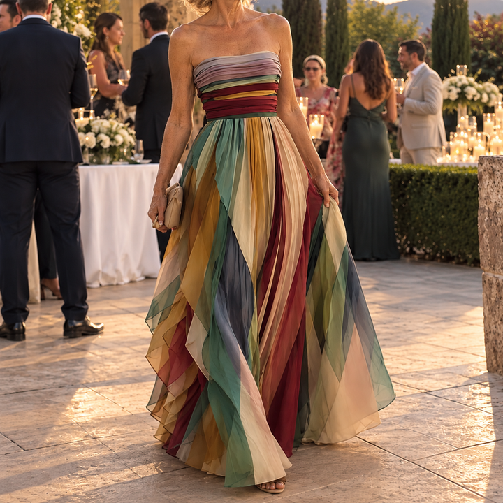 Jada | Striped Strapless Pleated Maxi Dress