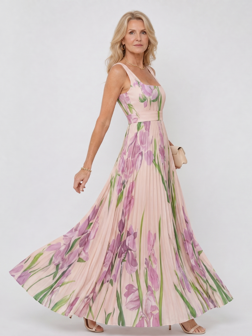 Vimele | Pleated Sleeveless Square Neck Maxi Dress
