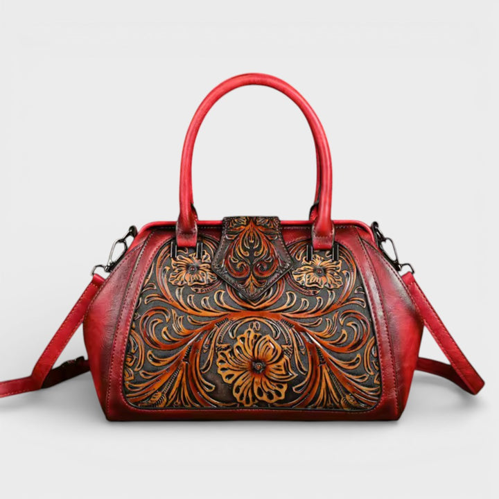 Florina - Leather Handbag with Engraving and Floral Pattern