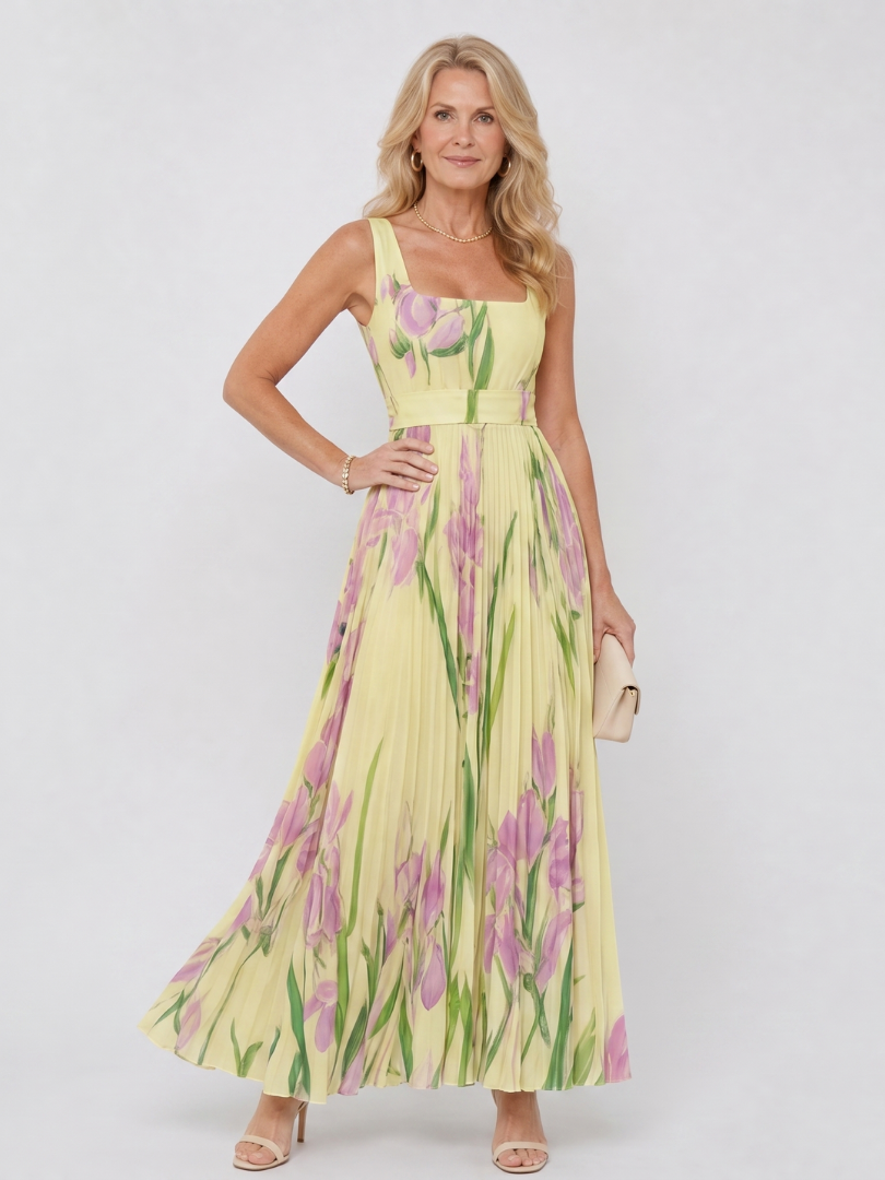 Vimele | Pleated Sleeveless Square Neck Maxi Dress