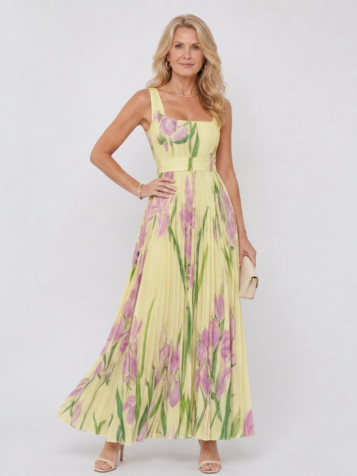 Vimele | Pleated Sleeveless Square Neck Maxi Dress