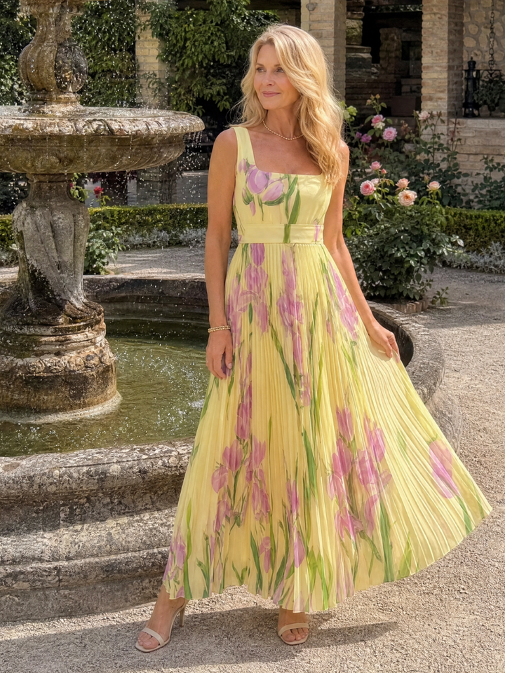 Vimele | Pleated Sleeveless Square Neck Maxi Dress