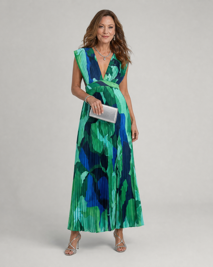 Omnios | Abstract Pleated Cap Sleeve V Neck Maxi Dress