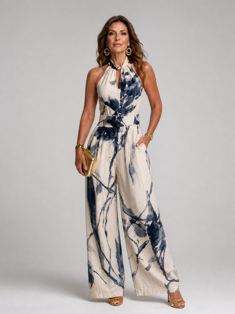 Celeste | Abstract Halter Neck Wide Leg Jumpsuit