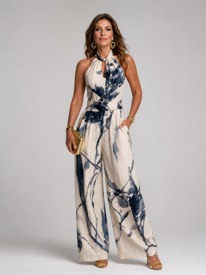 Celeste | Abstract Halter Neck Wide Leg Jumpsuit