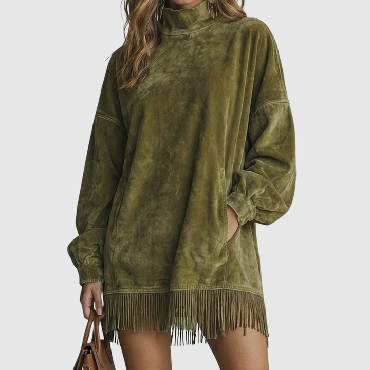 Viretta | Suede Fringe Detail Turtleneck Mini Dress