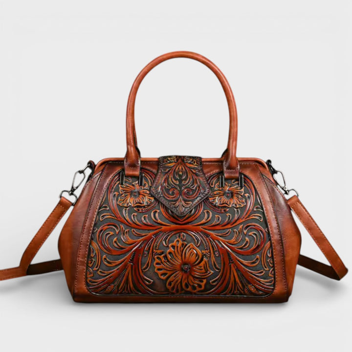 Florina - Leather Handbag with Engraving and Floral Pattern