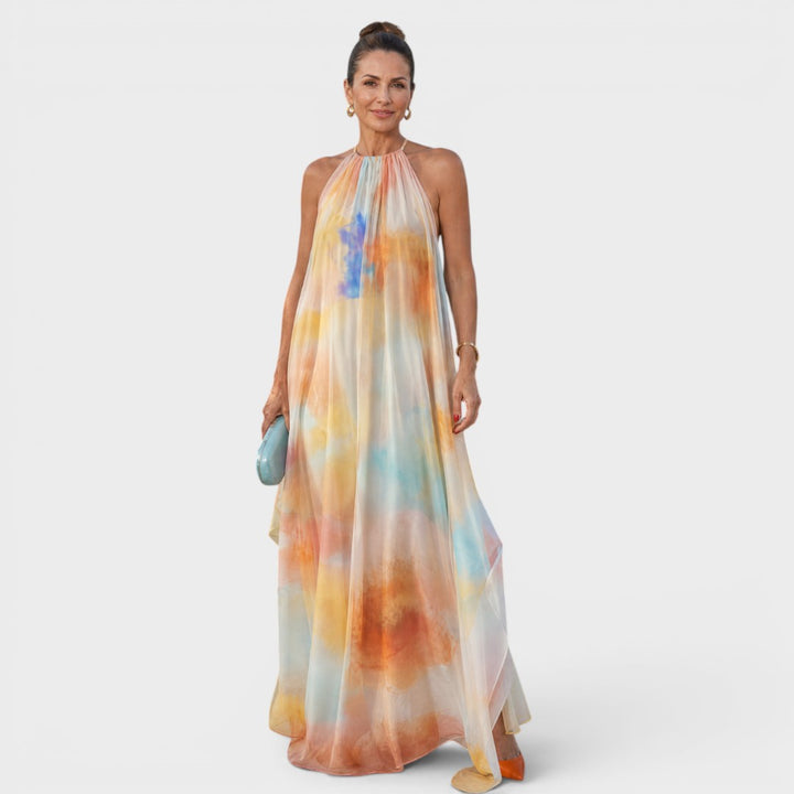 Solmira | Watercolor Halter Flowing Maxi Dress