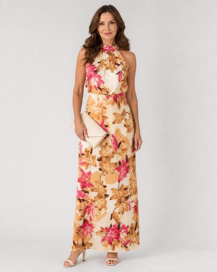 Cekel | Botanical Print Halter Neck Flowing Maxi Dress
