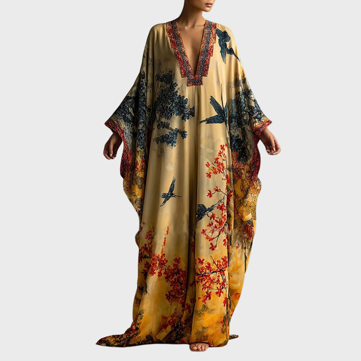 Maple Bird Print Batwing Sleeve Robe Dress