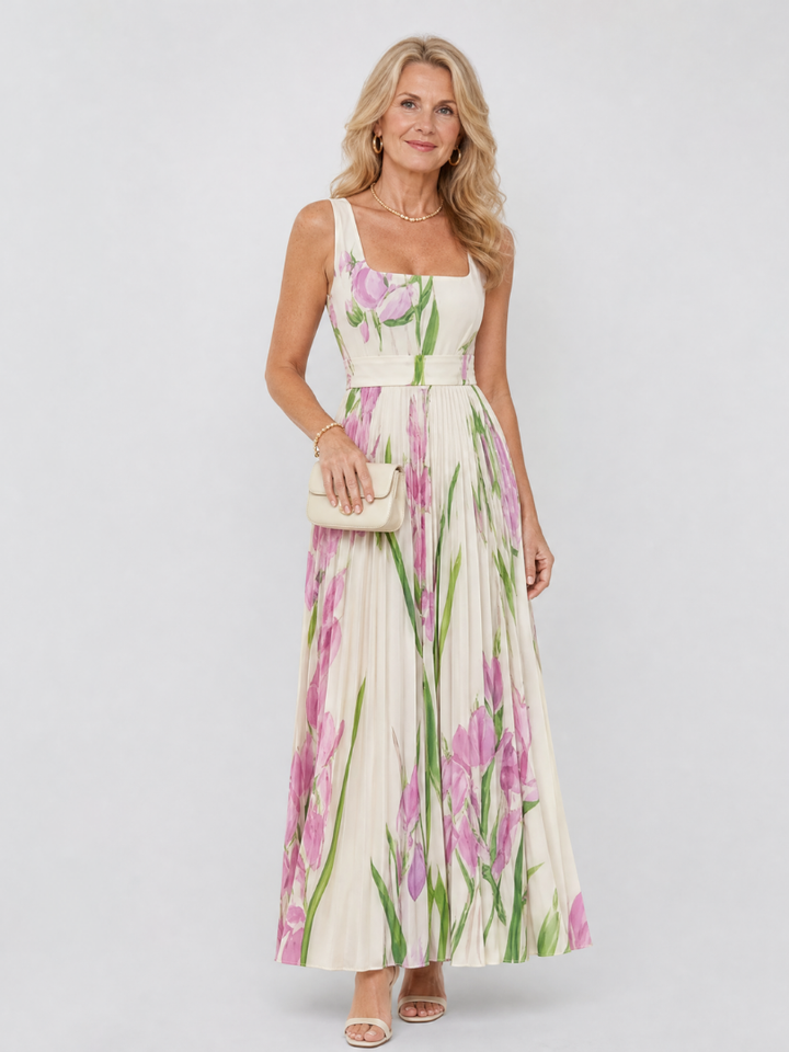 Vimele | Pleated Sleeveless Square Neck Maxi Dress