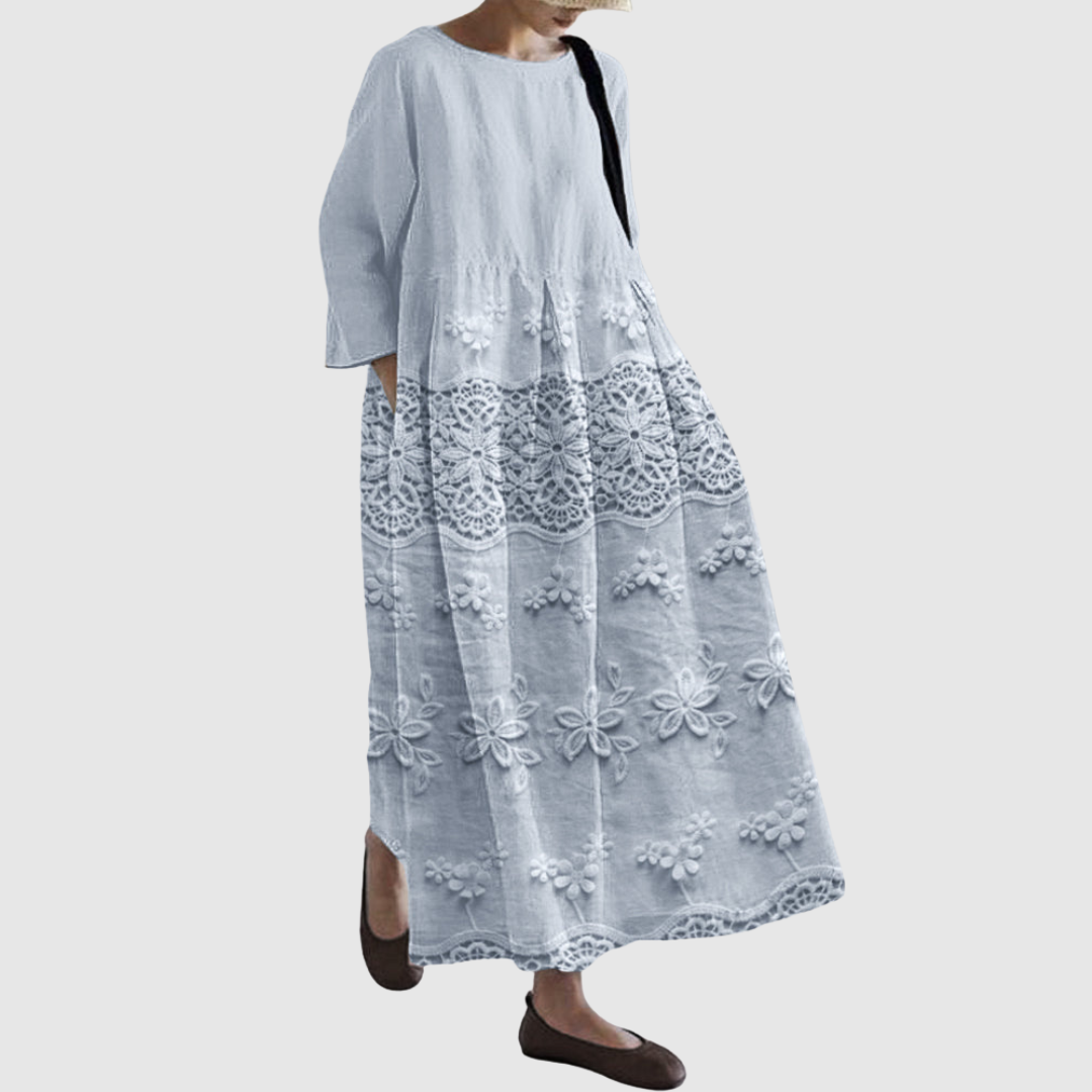 Jessica | Embroidered Linen Lace Midi Dress