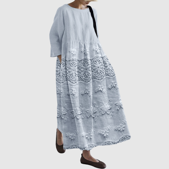 Jessica | Embroidered Linen Lace Midi Dress