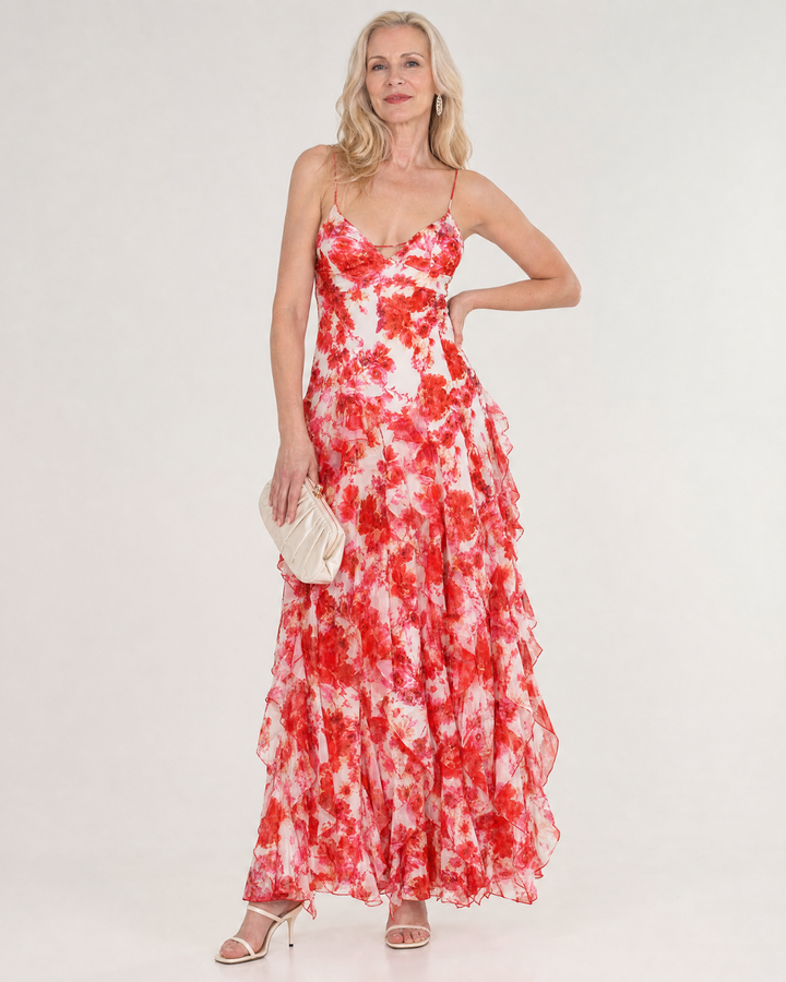Vugeh | Watercolor Floral Ruffle Hem Sleeveless Maxi Dress