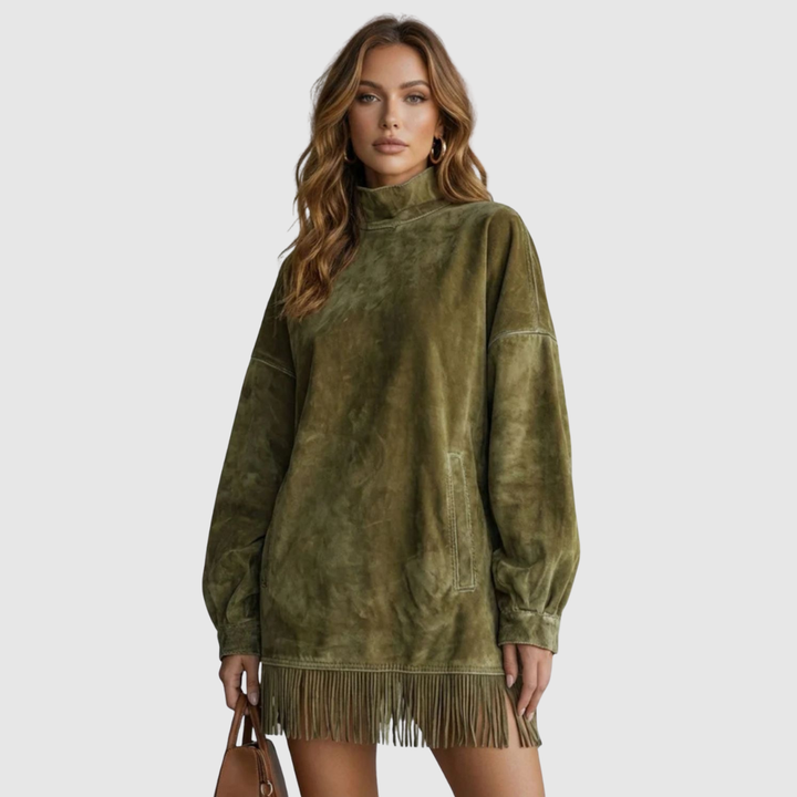 Viretta | Suede Fringe Detail Turtleneck Mini Dress