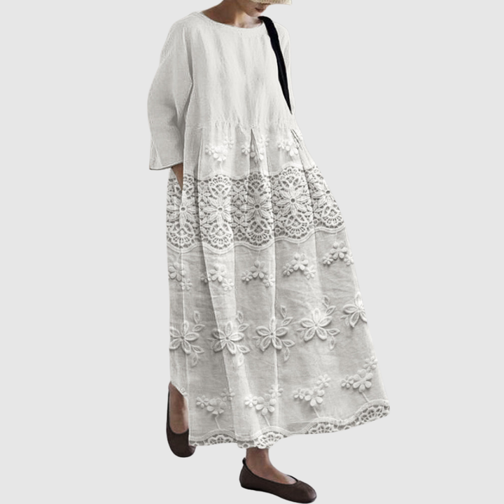 Jessica | Embroidered Linen Lace Midi Dress
