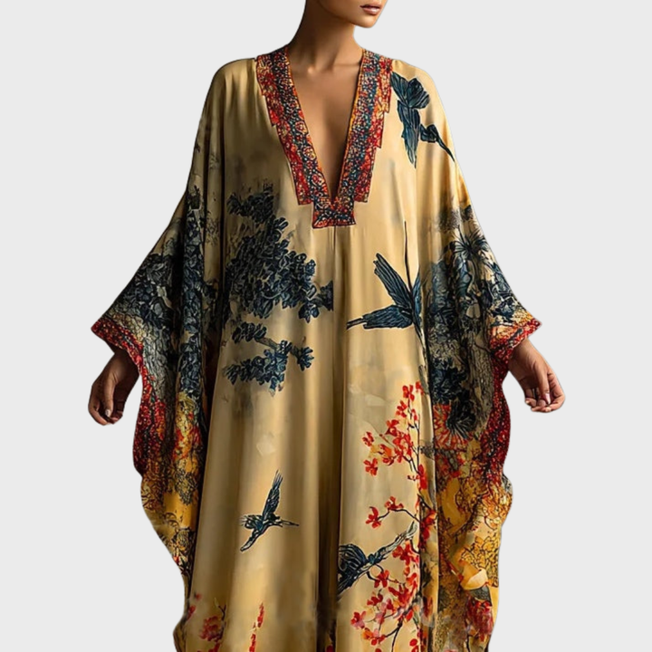 Maple Bird Print Batwing Sleeve Robe Dress