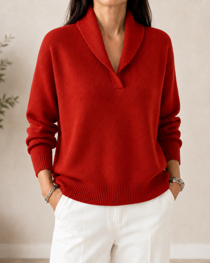 Margaux Relaxed V-Neck Knit Sweater in Red
