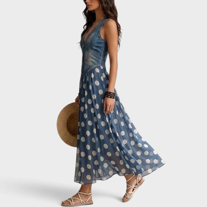 Camille | Polka Dot Denim Midi Dress