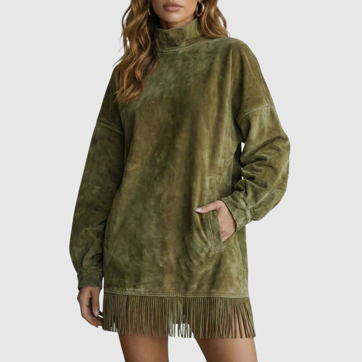 Viretta | Suede Fringe Detail Turtleneck Mini Dress