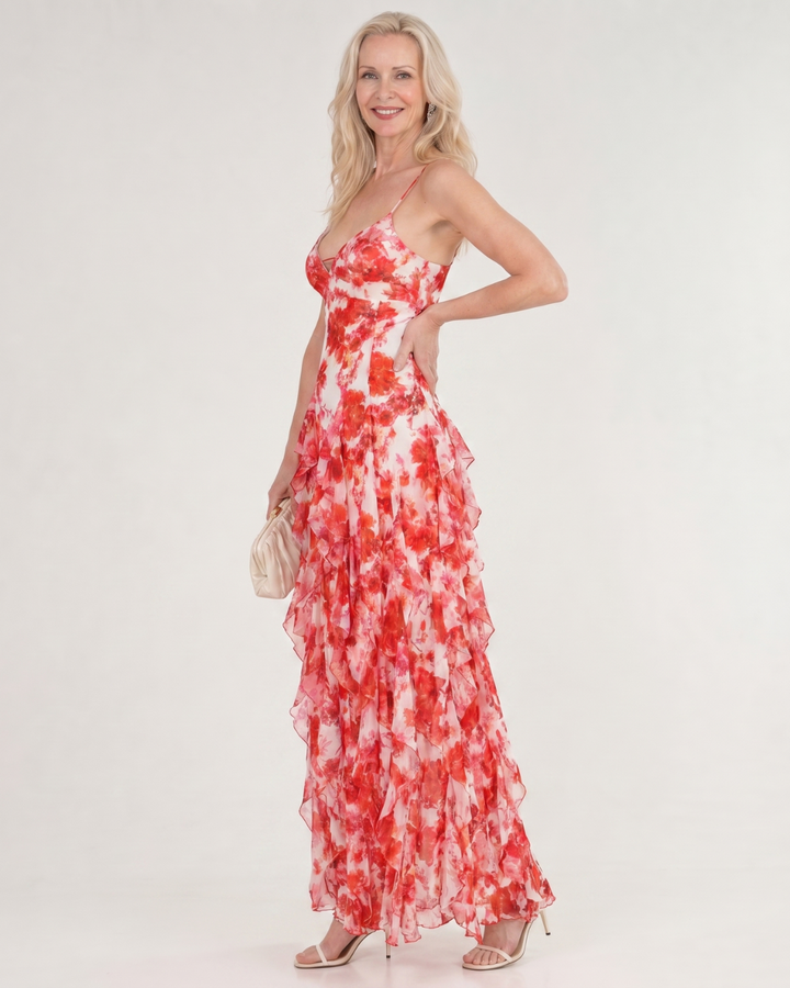 Vugeh | Watercolor Floral Ruffle Hem Sleeveless Maxi Dress