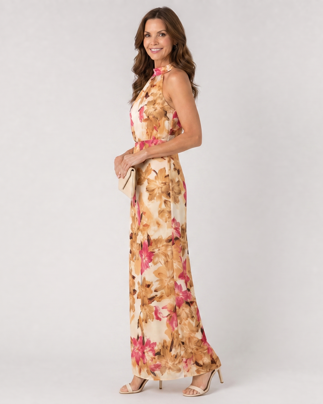 Cekel | Botanical Print Halter Neck Flowing Maxi Dress