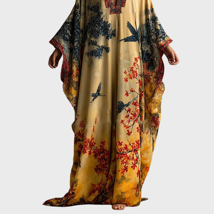 Maple Bird Print Batwing Sleeve Robe Dress