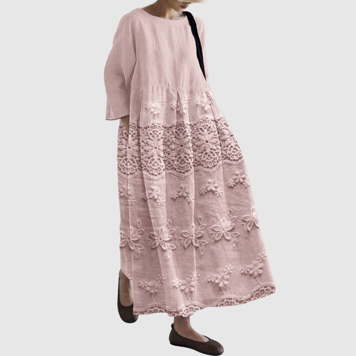 Jessica | Embroidered Linen Lace Midi Dress