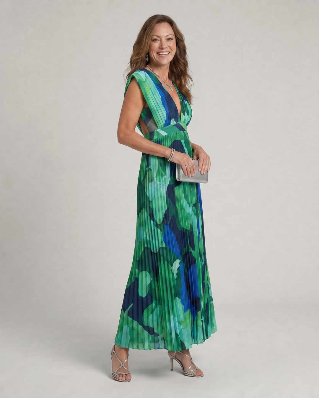 Omnios | Abstract Pleated Cap Sleeve V Neck Maxi Dress