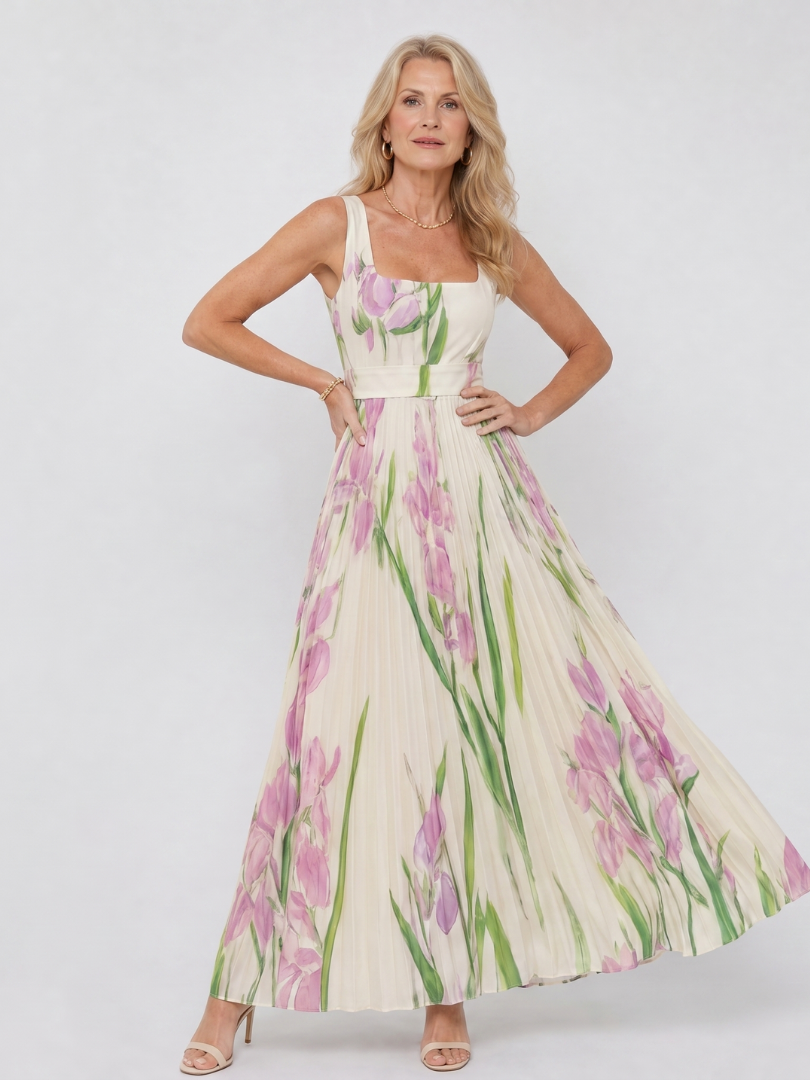 Vimele | Pleated Sleeveless Square Neck Maxi Dress