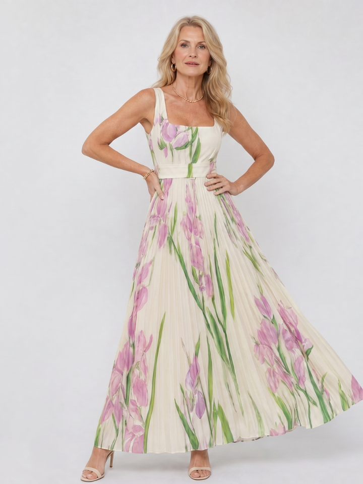 Vimele | Pleated Sleeveless Square Neck Maxi Dress