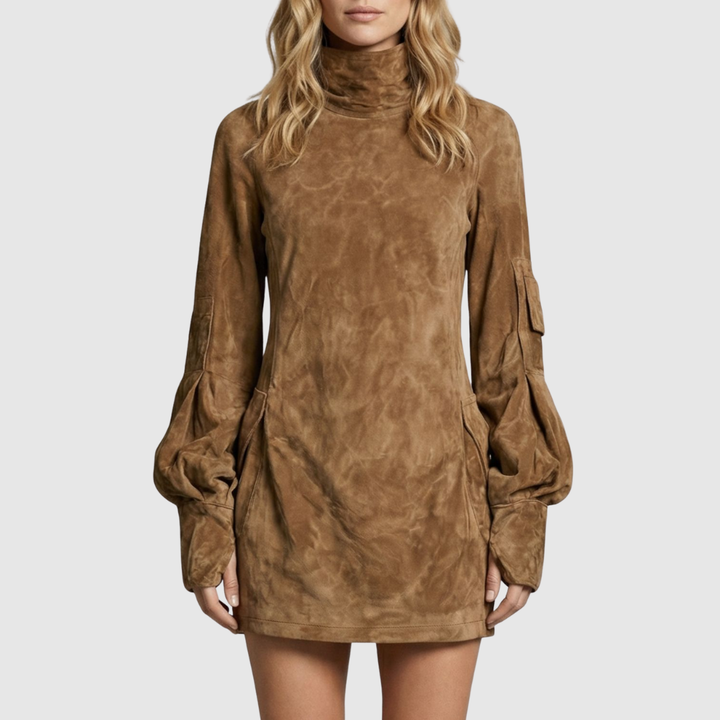 Marcella | High Neck Silhouette Suede-Effect Mini Dress