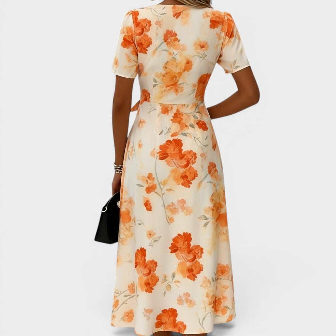 Clementine | Elegant Orange Floral Midi Dress