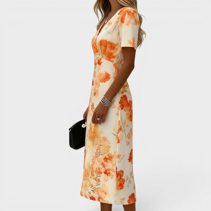 Clementine | Elegant Orange Floral Midi Dress