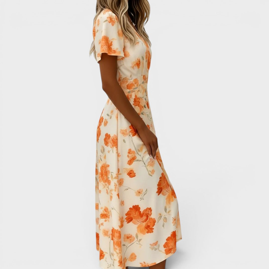 Clementine | Elegant Orange Floral Midi Dress