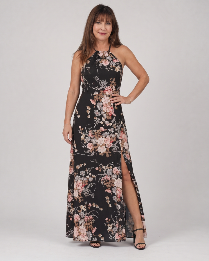 Loliane | Floral Halter Neck Side Slit Maxi Dress