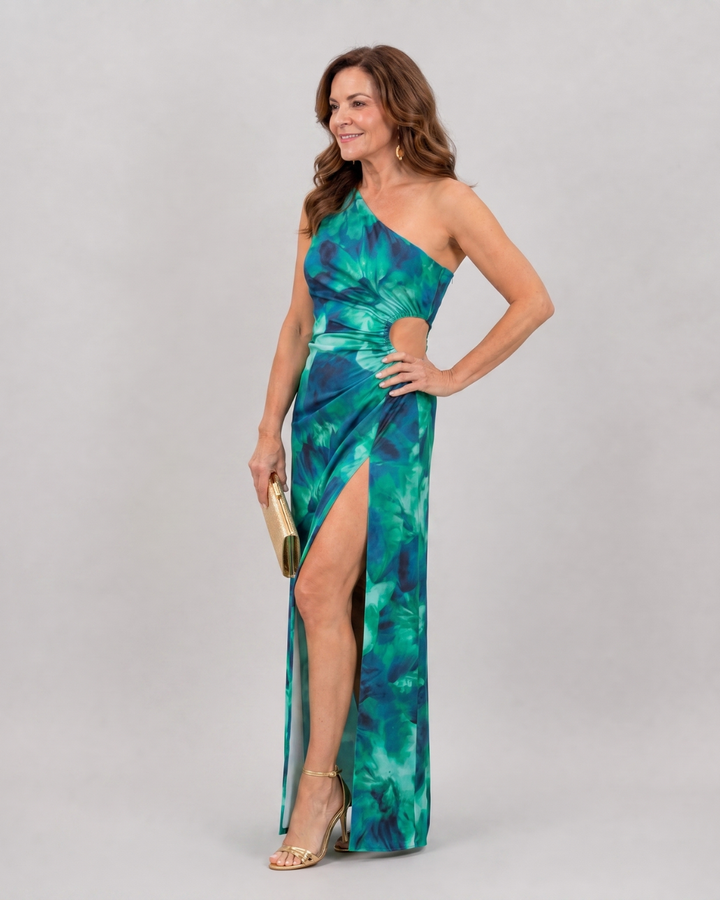 Isope | Tropical One Shoulder Side Slit Maxi Dress