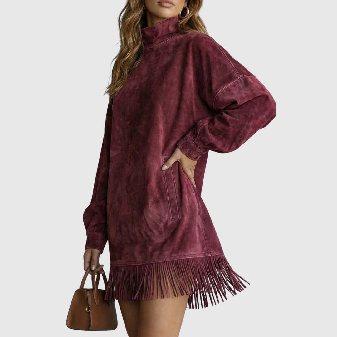 Viretta | Suede Fringe Detail Turtleneck Mini Dress