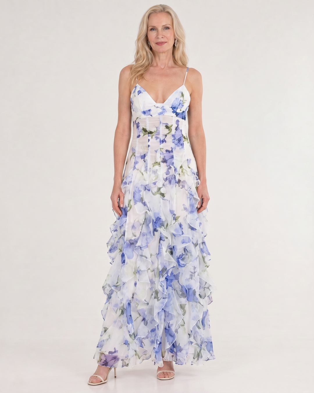 Vugeh | Watercolor Floral Ruffle Hem Sleeveless Maxi Dress