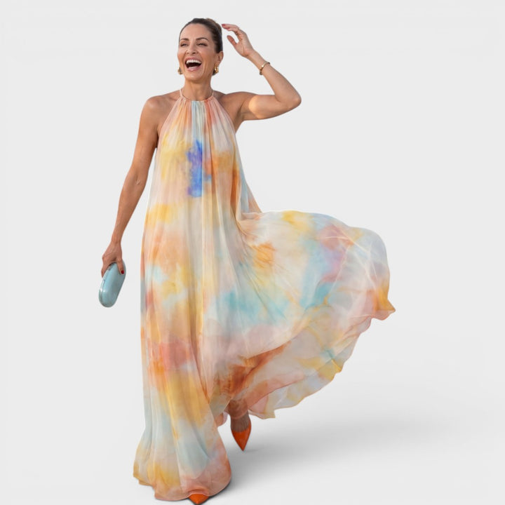 Solmira | Watercolor Halter Flowing Maxi Dress