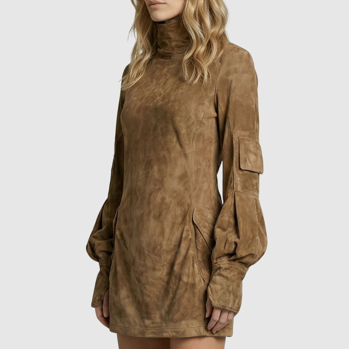 Marcella | High Neck Silhouette Suede-Effect Mini Dress