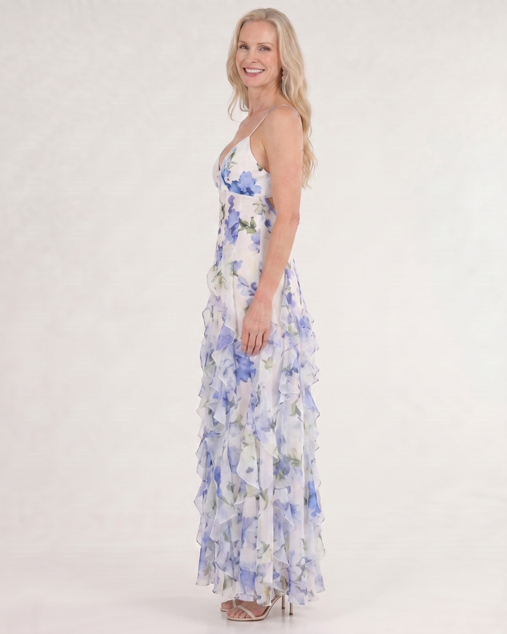 Vugeh | Watercolor Floral Ruffle Hem Sleeveless Maxi Dress