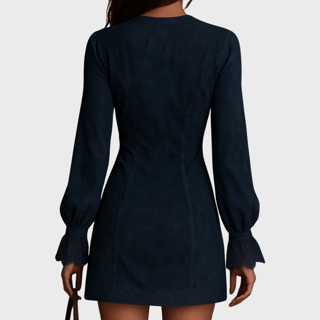 Vintage Blue Suede Lace Trim Mini Dress