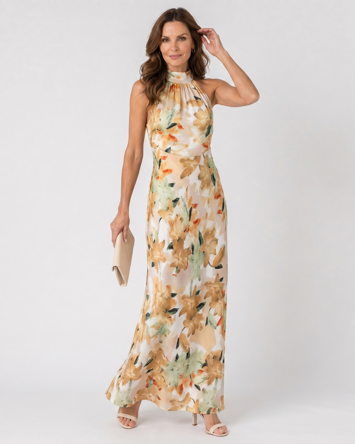 Cekel | Botanical Print Halter Neck Flowing Maxi Dress