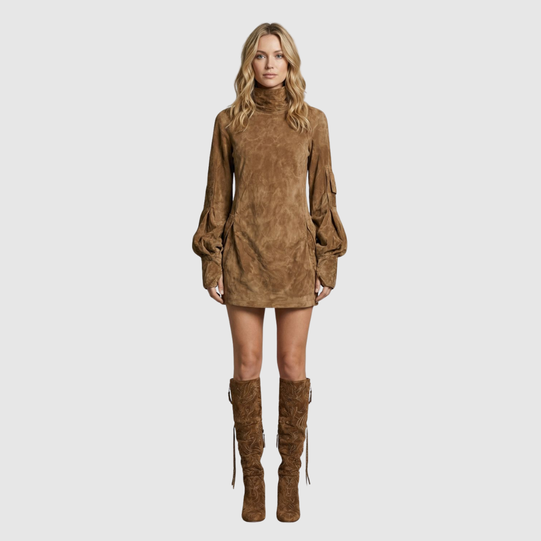 Marcella | High Neck Silhouette Suede-Effect Mini Dress