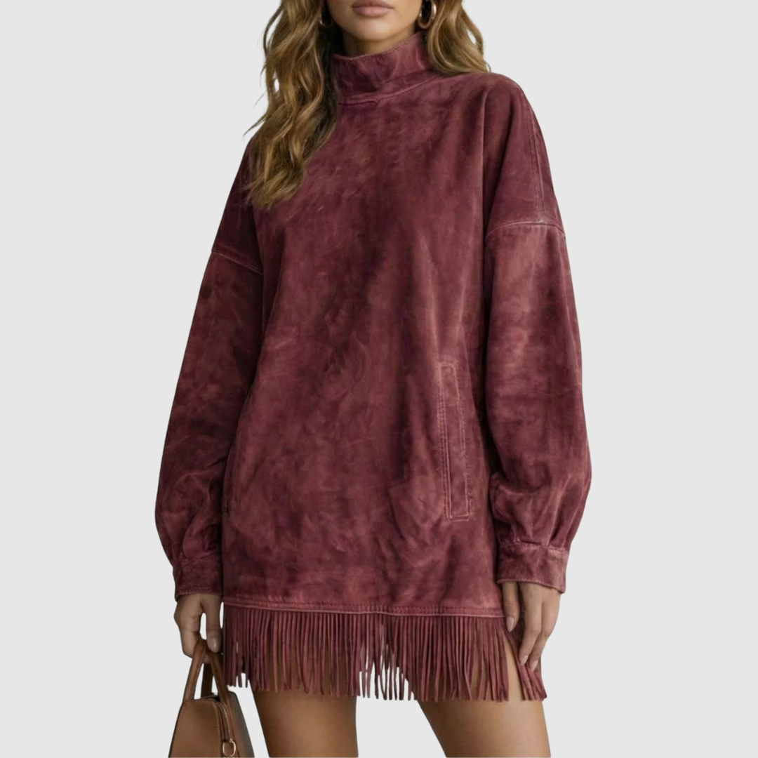 Viretta | Suede Fringe Detail Turtleneck Mini Dress